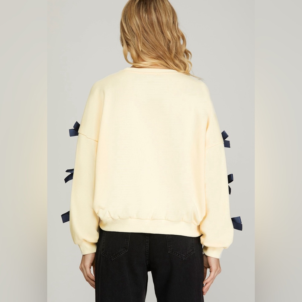 012. Knit French Terry Sweatshirt With Tied Ribbon Sleeves in Cream - Picture 2 of 2